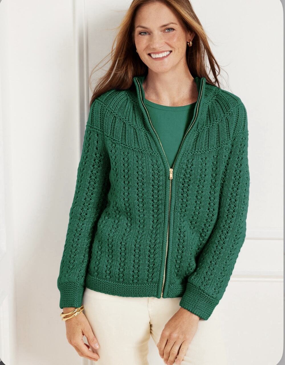 Talbots Women’s Mixed Stitch Cardigan Zip Up Sweater Green Size XL